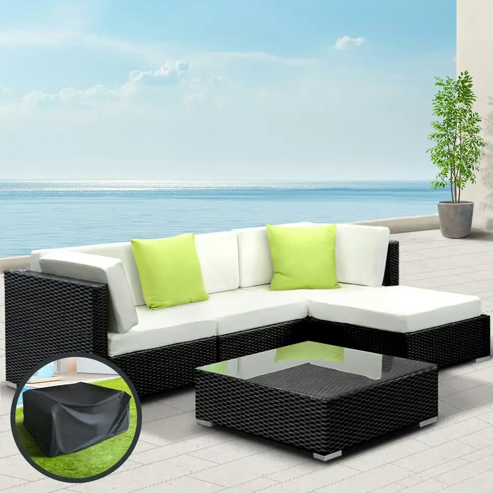Gardeon 5-Piece Outdoor Sofa Set Wicker Couch Lounge Setting Furniture w/Storage Cover