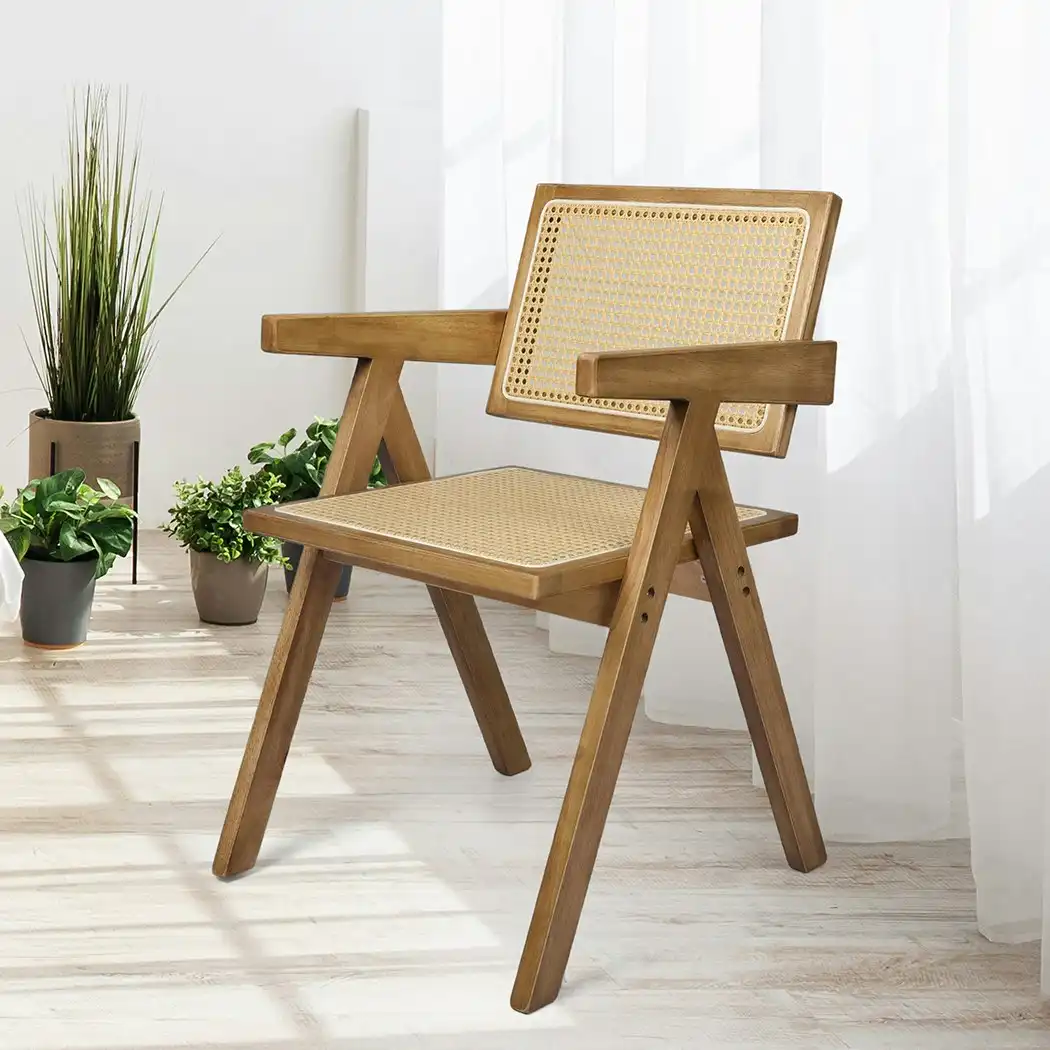 Levede 2x Dining Chair Solid Wood Rattan Armchair Wicker Accent Lounge Chairs