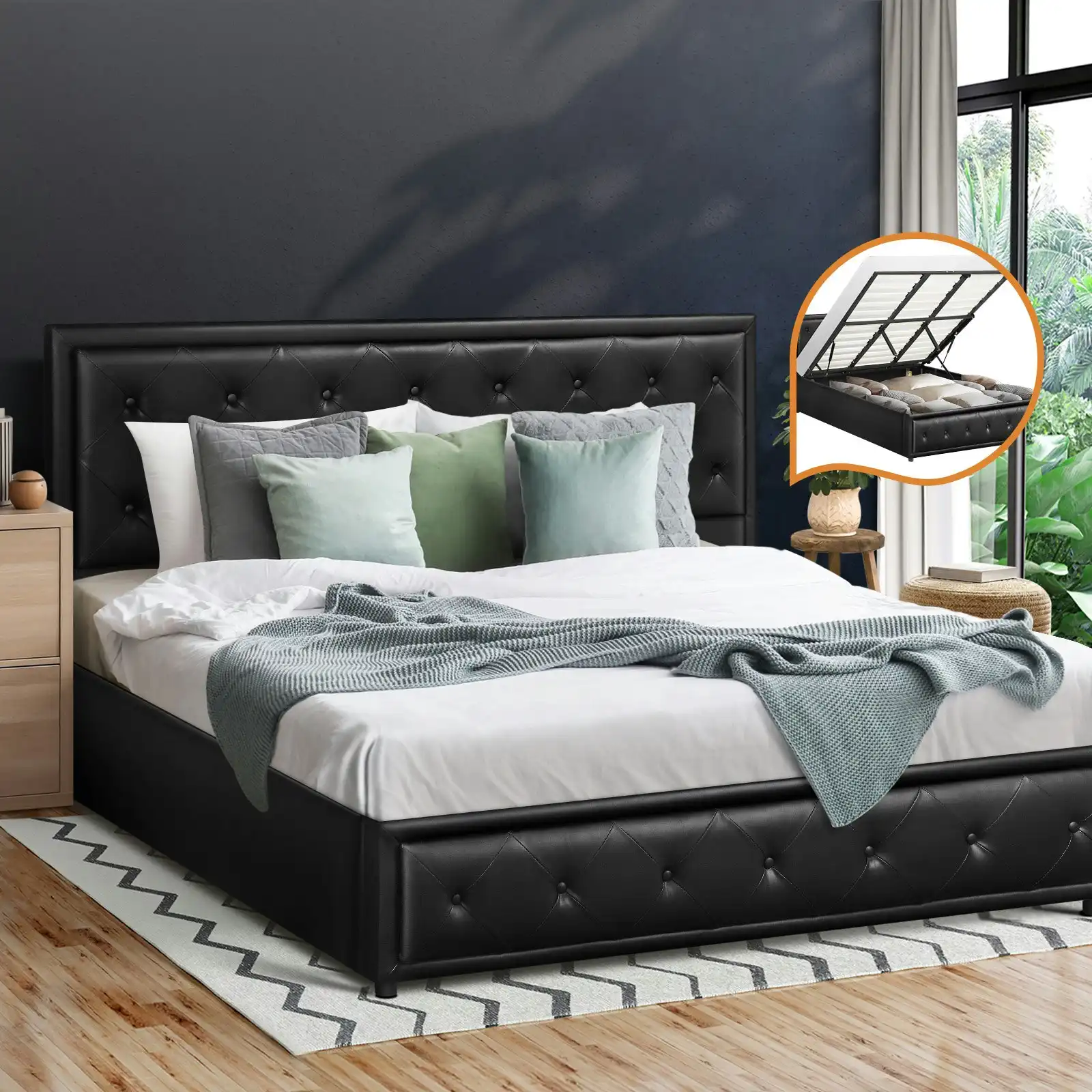 Oikiture Bed Frame King Size Gas Lift Base With Storage Black Leather