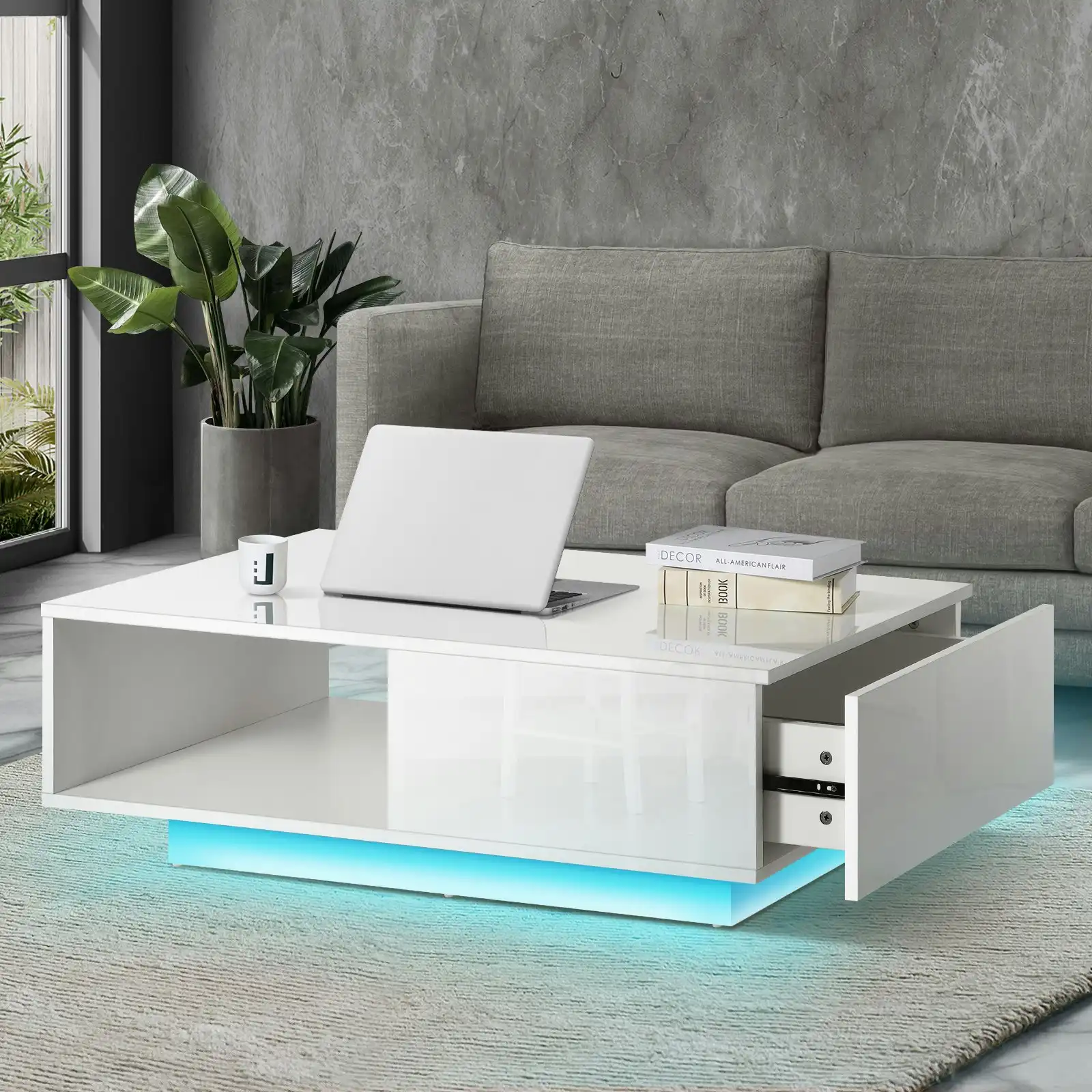 Oikiture Coffee Table LED Light High Gloss Storage Drawer Modern Furniture White