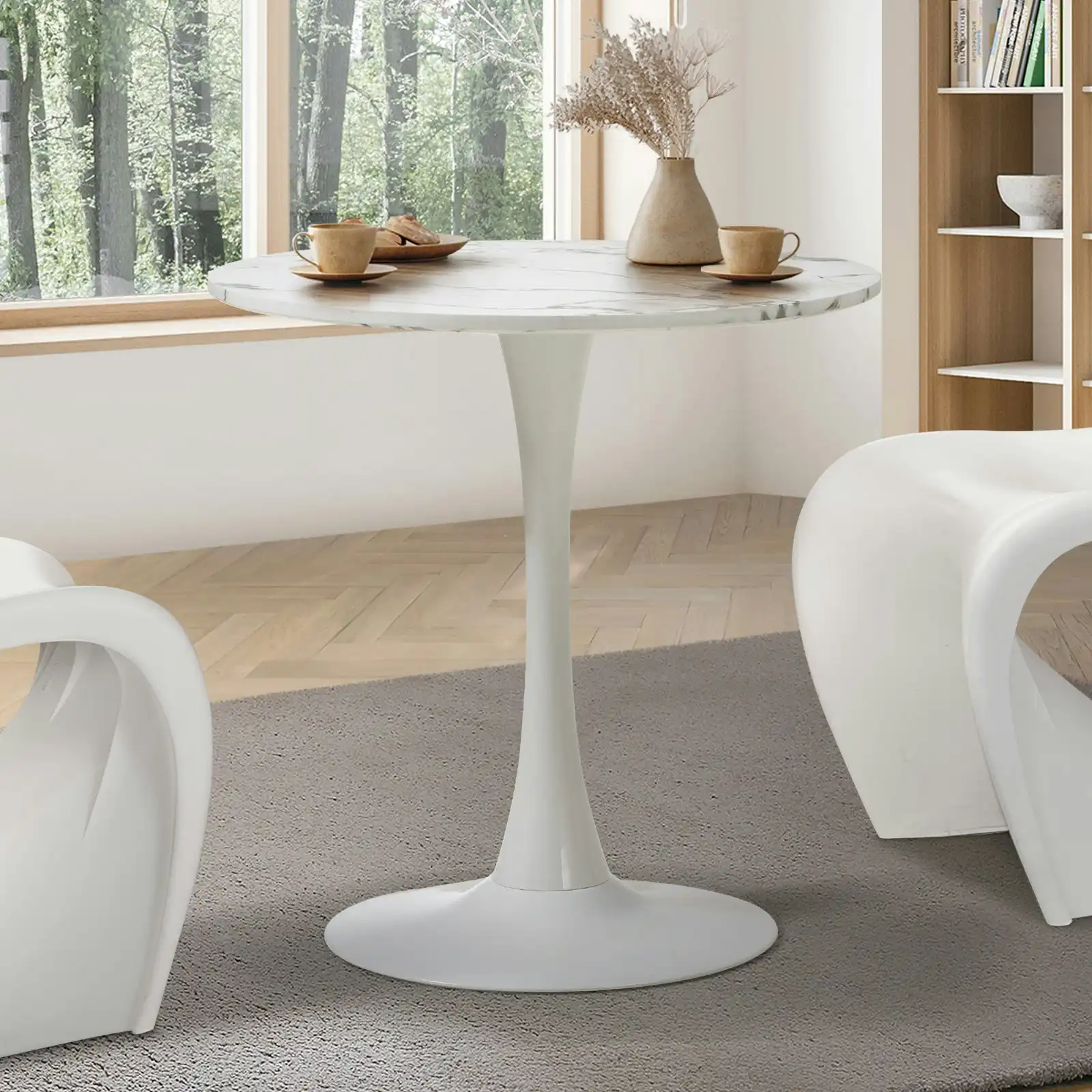 Oikiture 60cm Dining Table Kitchen Marble Tulip Round Metal Leg White