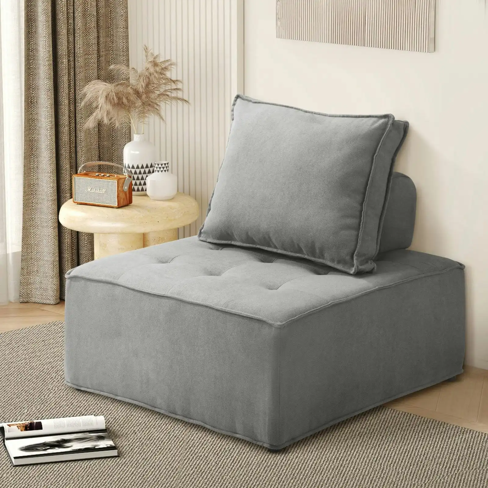 Oikiture 1PC Modular Sofa Lounge Chair Armless Adjustable Back Linen Grey