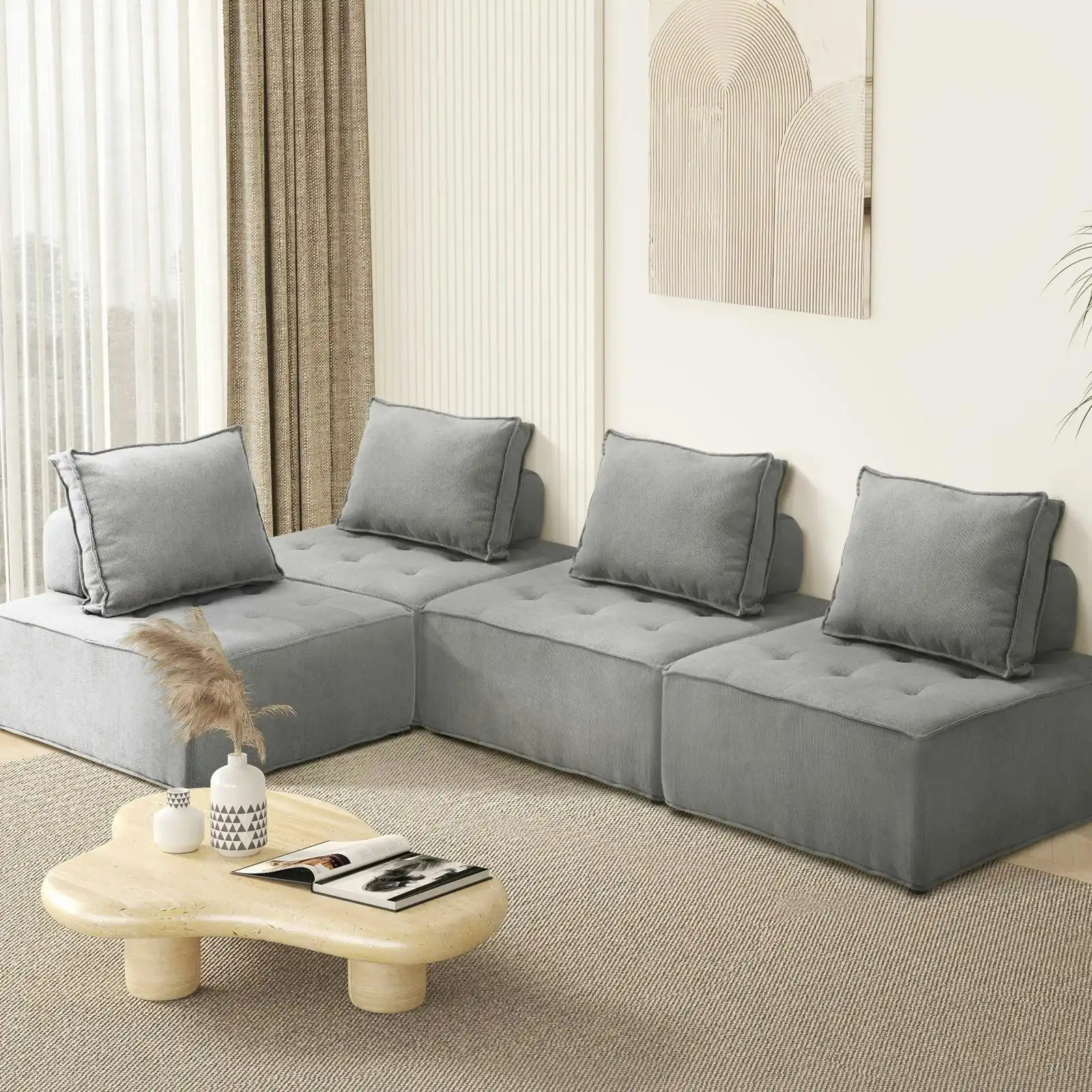 Oikiture 4PCS Modular Sofa Lounge Chair Armless Adjustable Back Linen Grey