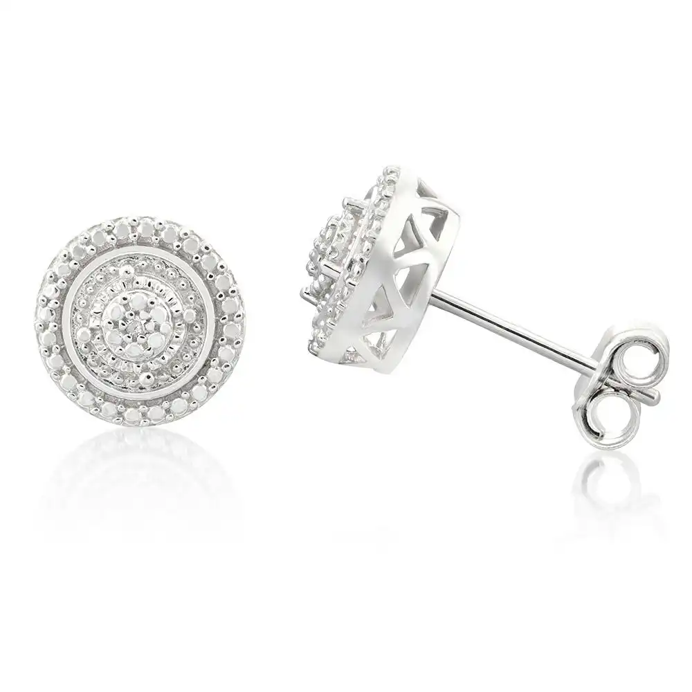 Sterling Silver with 2 Diamonds Round Shape Earring Studs