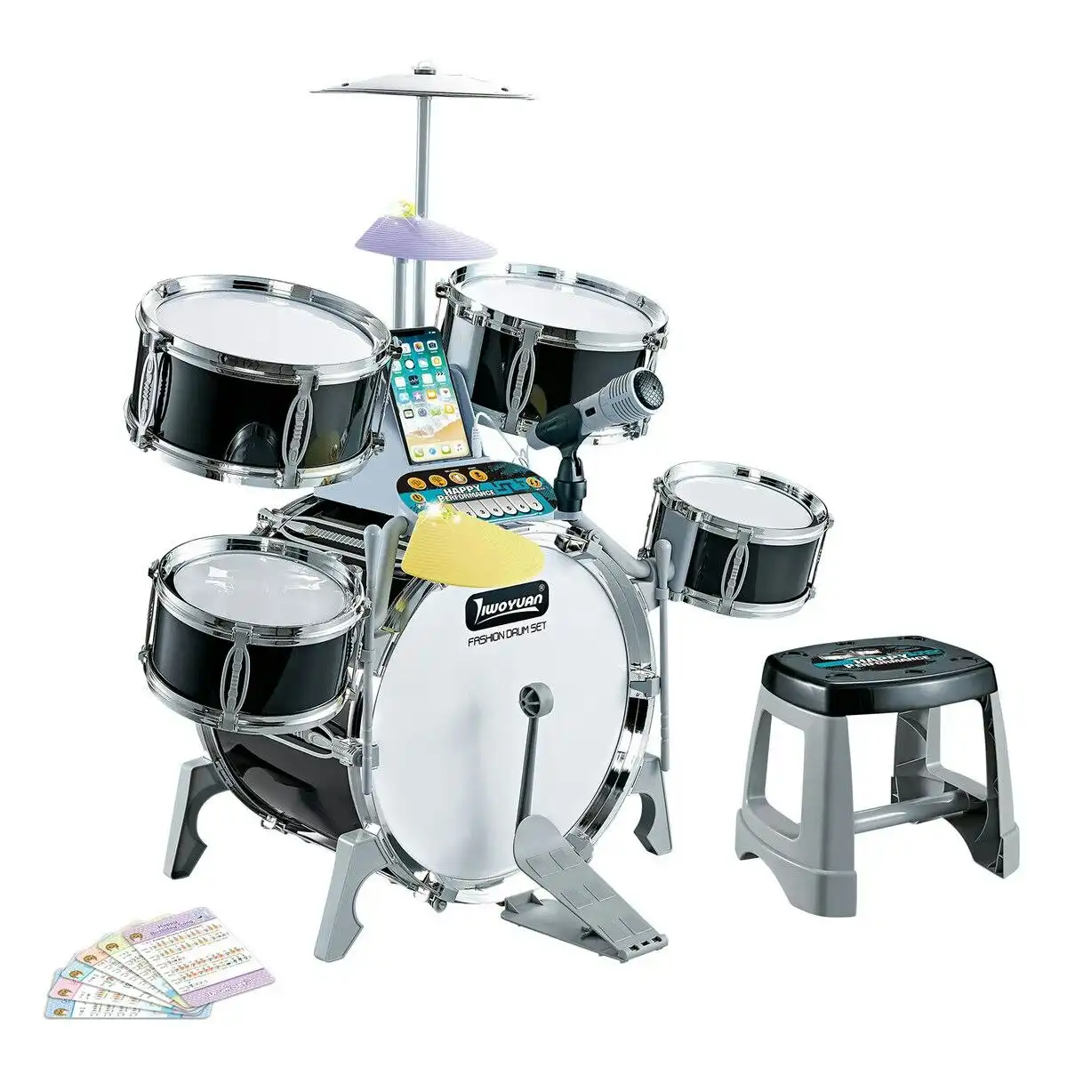 Ausway Kids Jazz Drum Set Junior Musical Educational Instrument Toy Kit Childrens Learning Preschool Playset with Stool Plastic