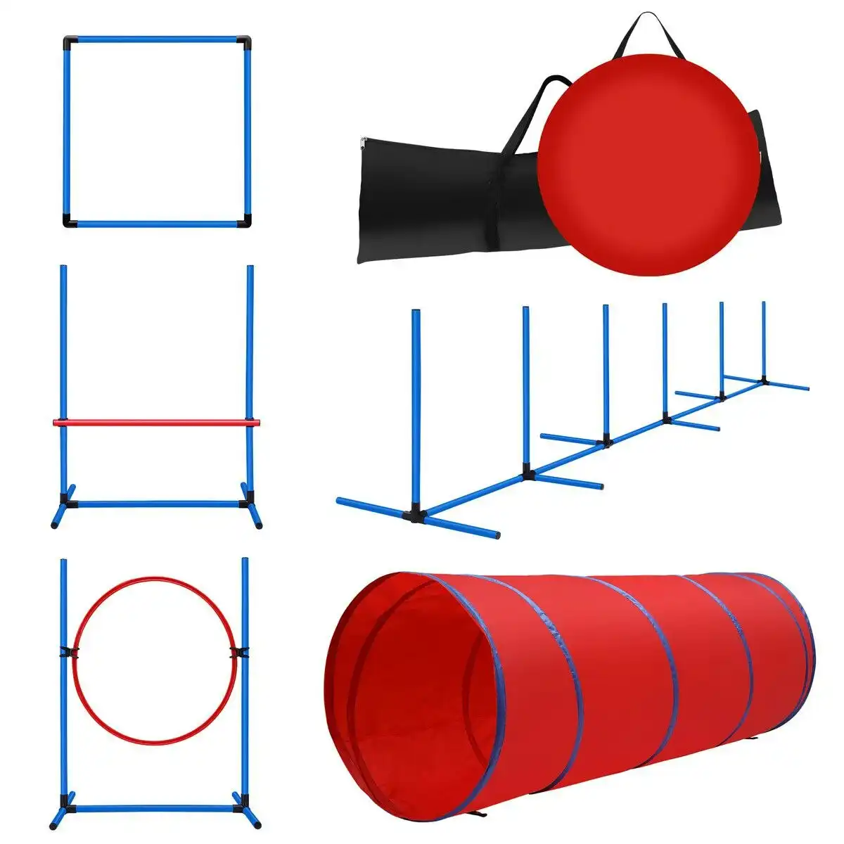 Pet Scene Petscene Dog Agility Equipment 5PC Set Obstacle Course Pet Training Kit Supplies Jump Hurdle Tunnel Poles Pause Box Carrying Bags