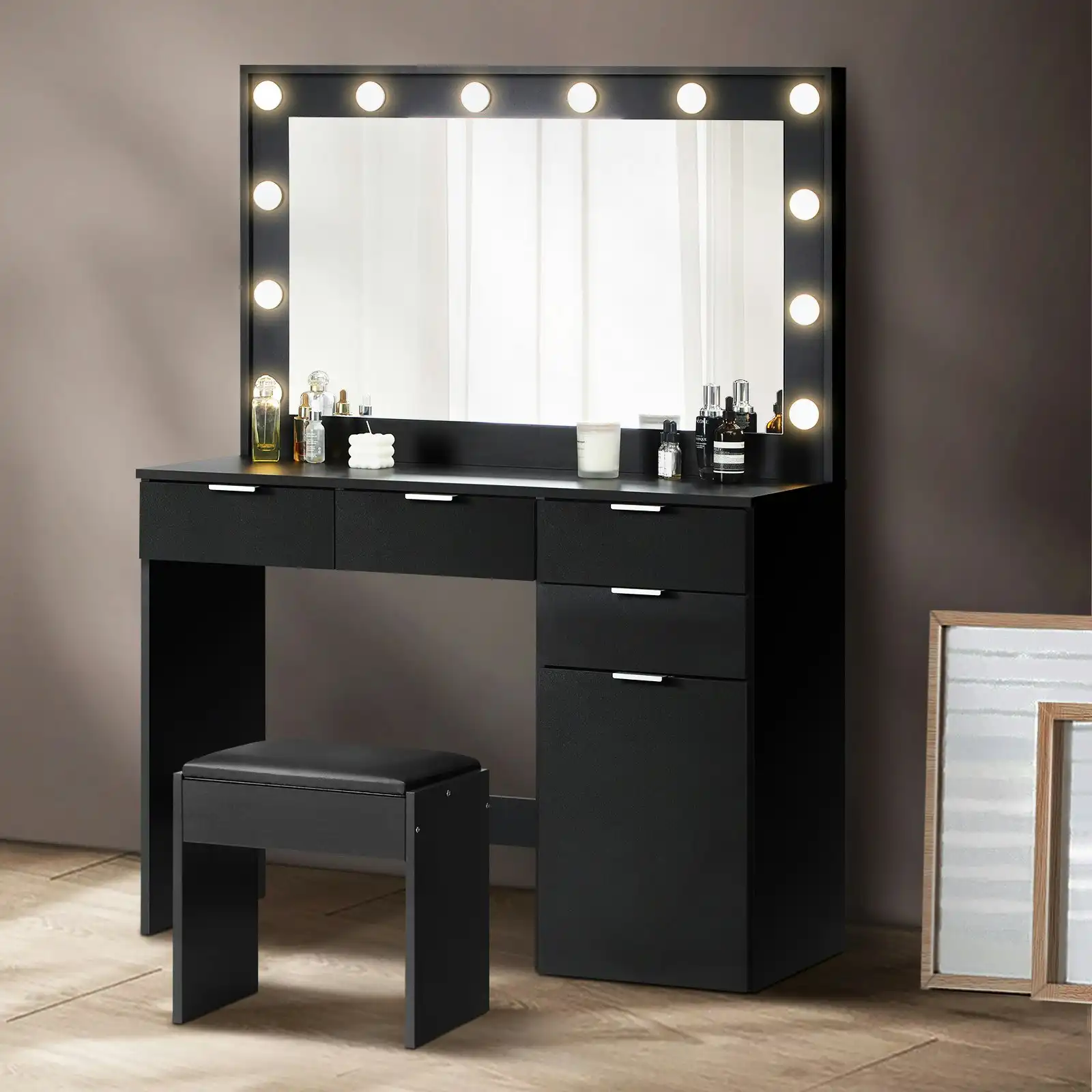 Oikiture Dressing Table Stool Set Makeup Large Mirror Dresser 12 LED Bulbs Black