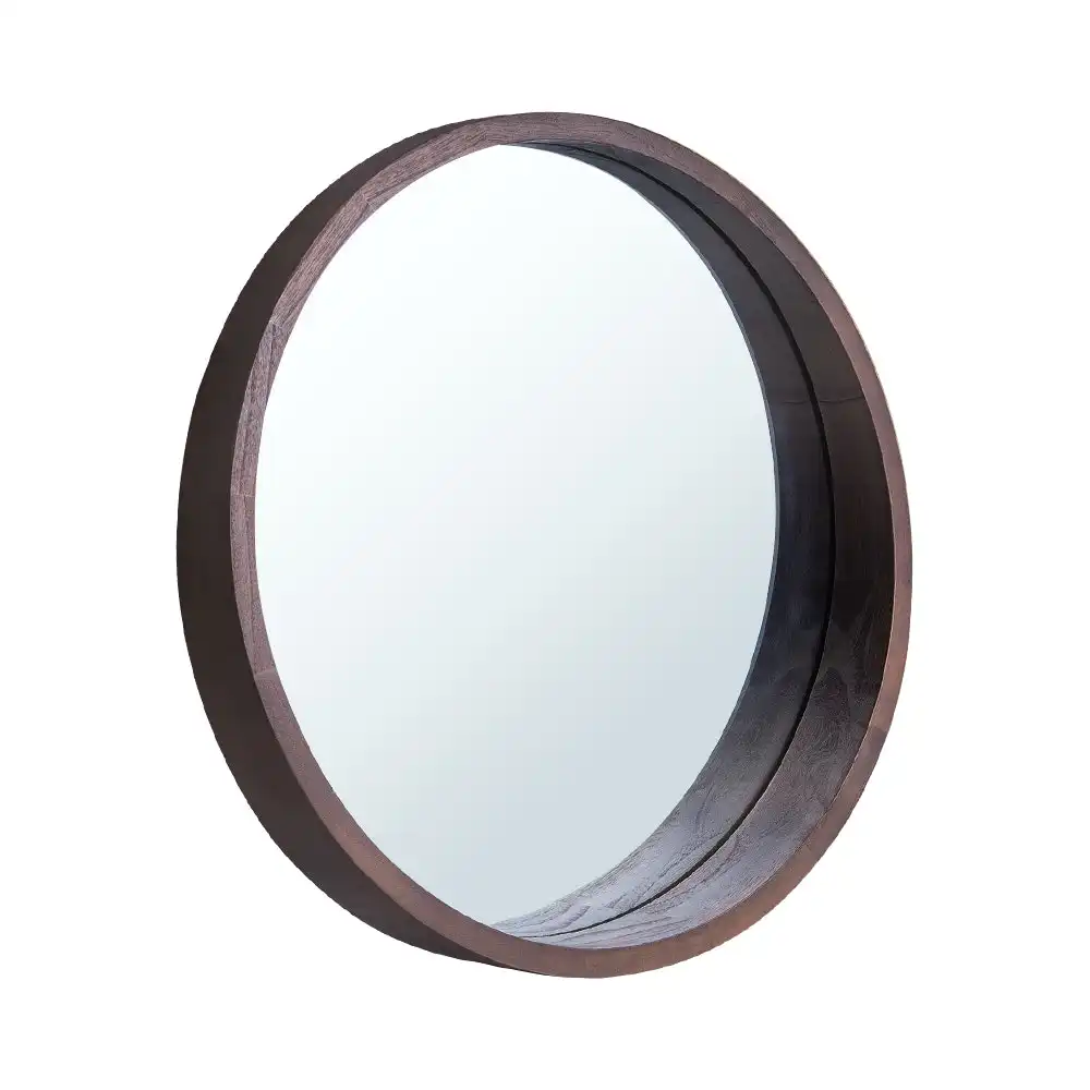 Furb Wooden Wall Mirrors Flat Round Makeup Mirror Bathroom Home Decor 100CM Walnut Wood