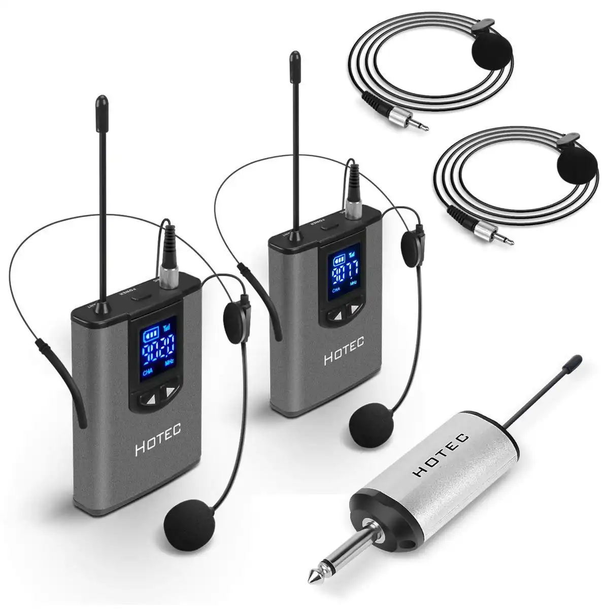 Hotec Dual Wireless Lapel/Lavalier Microphone and Headset Microphone System with Mini Rechargeable Receiver, For Recording and Live Performances (H-U2