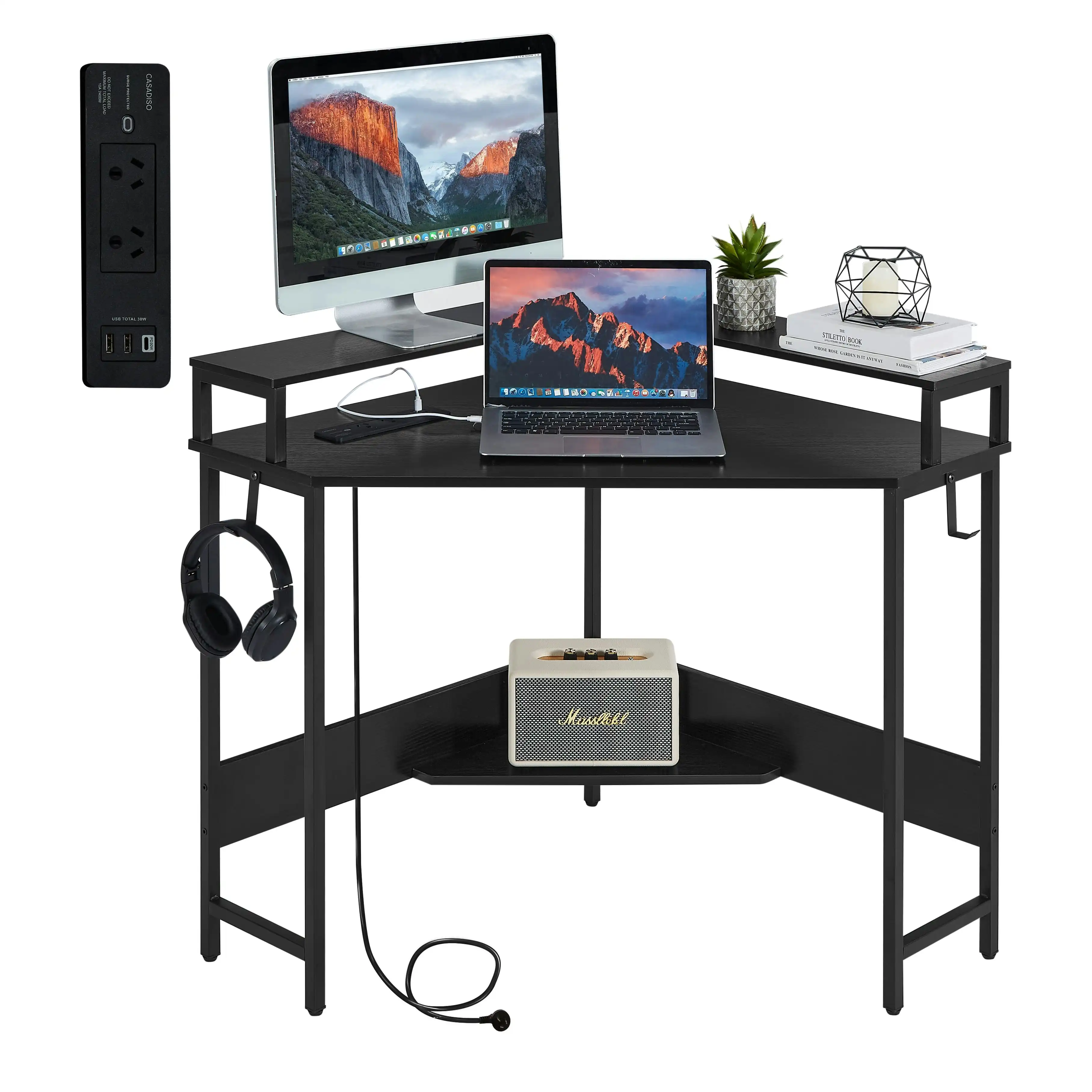 Casadiso Computer Desk with Charging Station L-Shaped Black Gaming Desk with Built-In Power Board Type-C/USB Ports (Albali)
