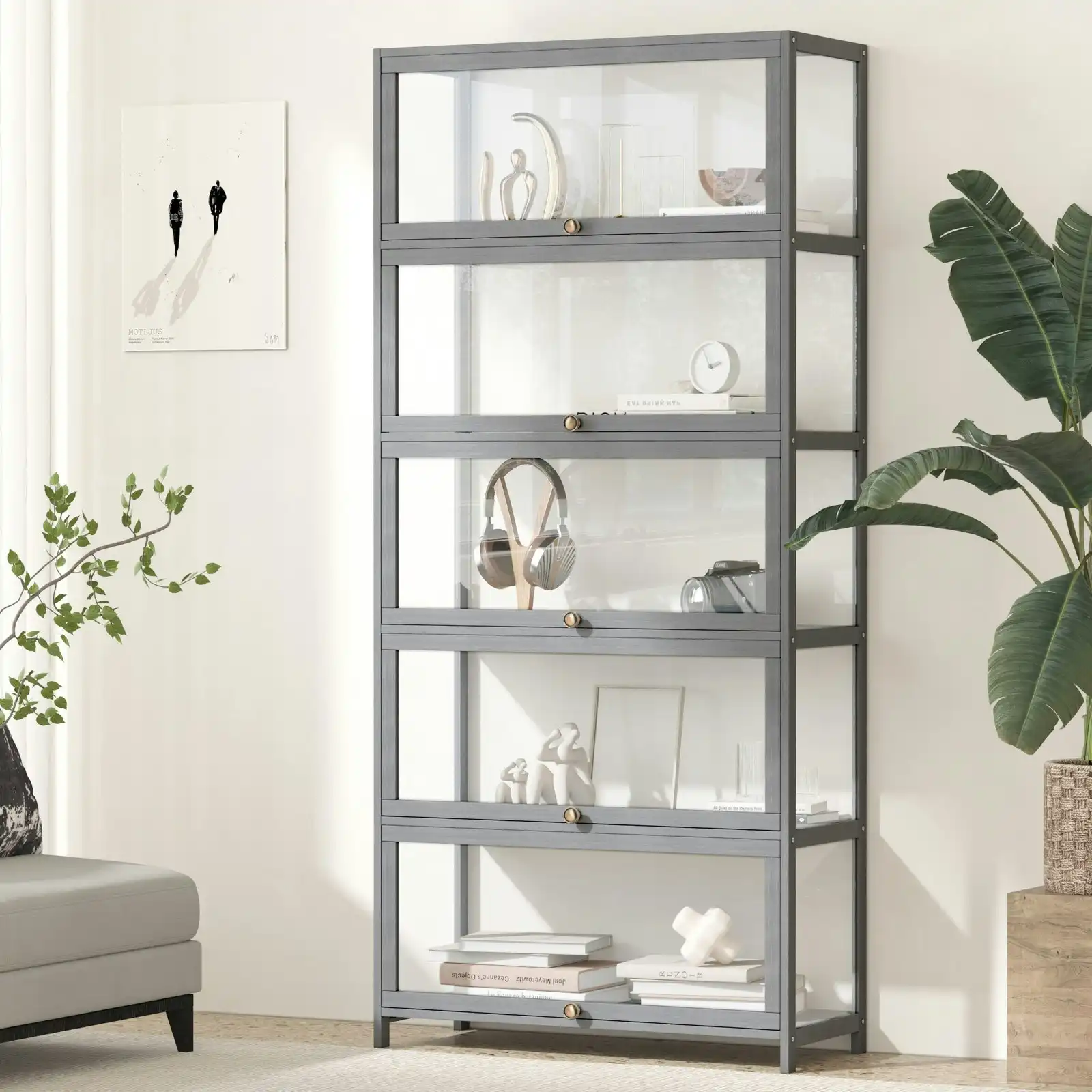 Oikiture Display Cabinet Storage 5-Tier Shelves Clear Bookcase Sideboard Grey