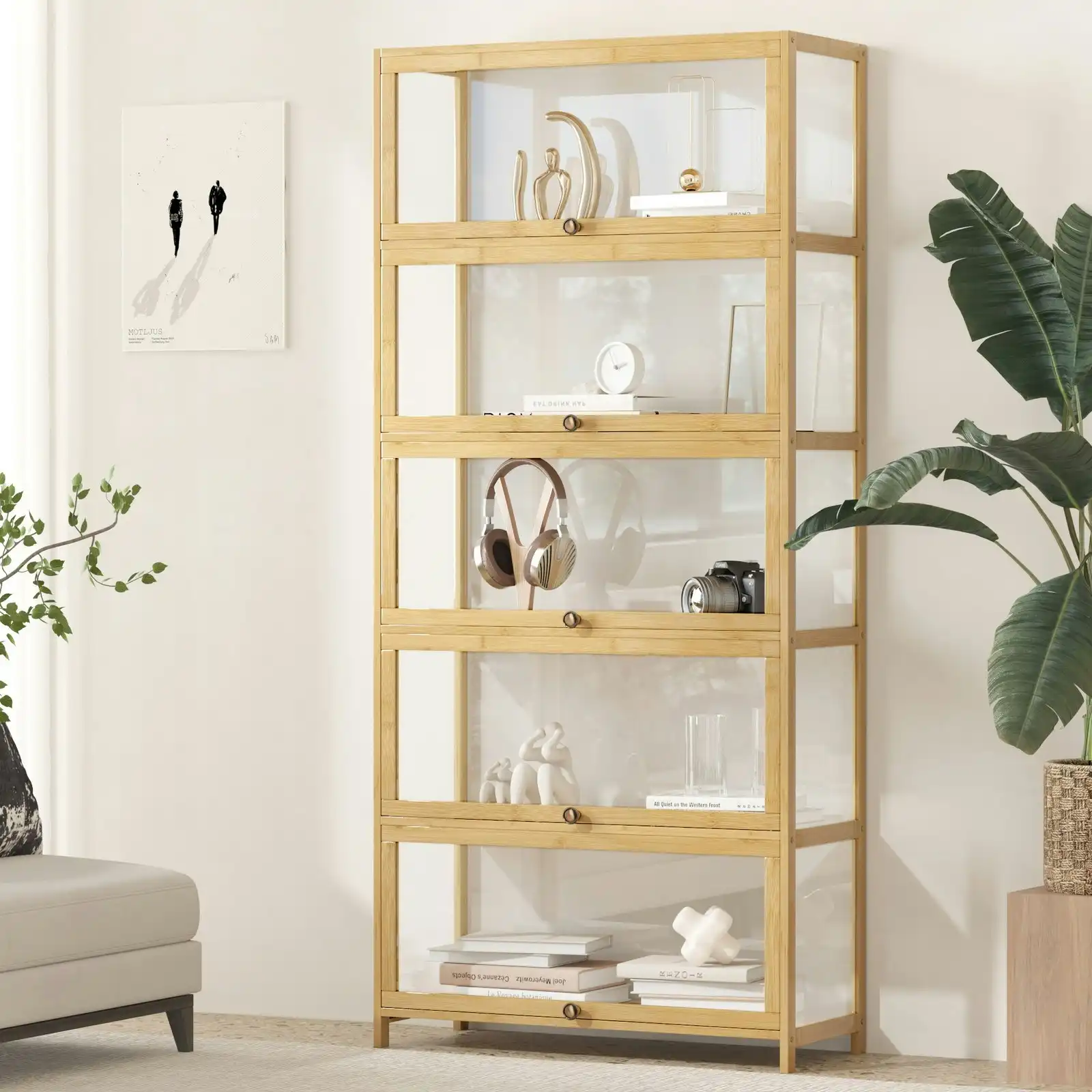 Oikiture Display Cabinet Storage 5-Tier Shelves Clear Bookcase Sideboard Oak