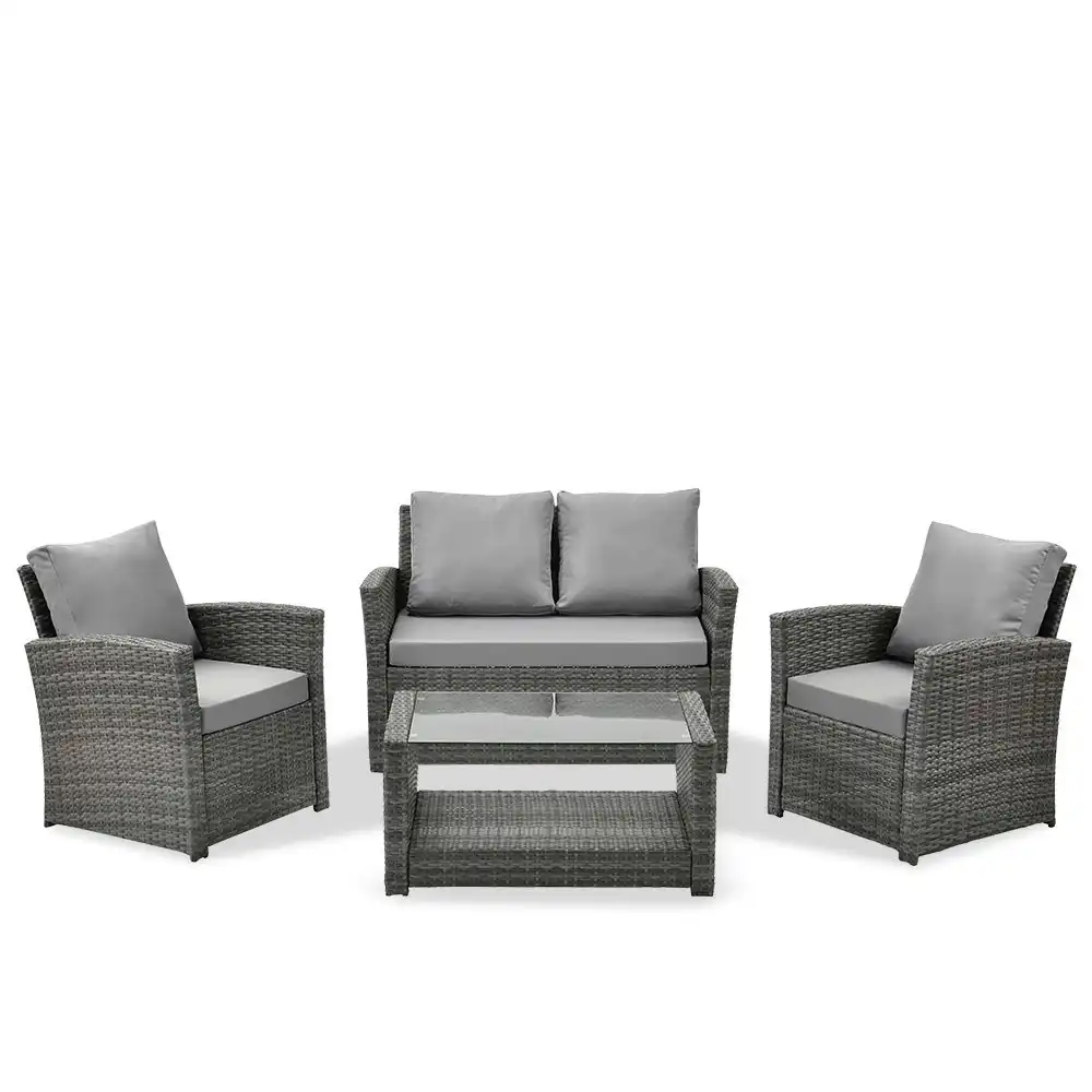London Rattan 4 pc Outdoor Furniture Setting, 4 Seater, Lounge Sofa Chairs and Coffee Table, for Outdoors Garden Patio, Grey