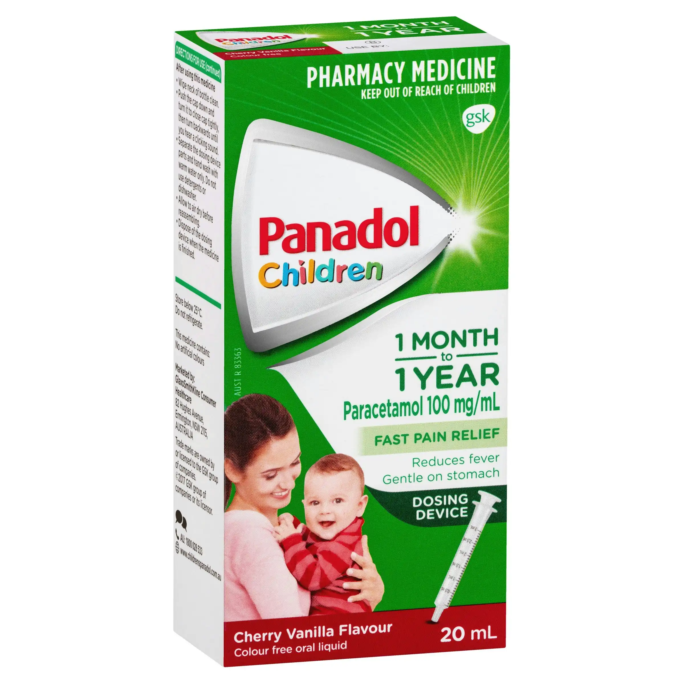 Panadol Children 1 Month - 1 Year Baby Drops with Dosing Device, Fever and Pain Relief, 20mL