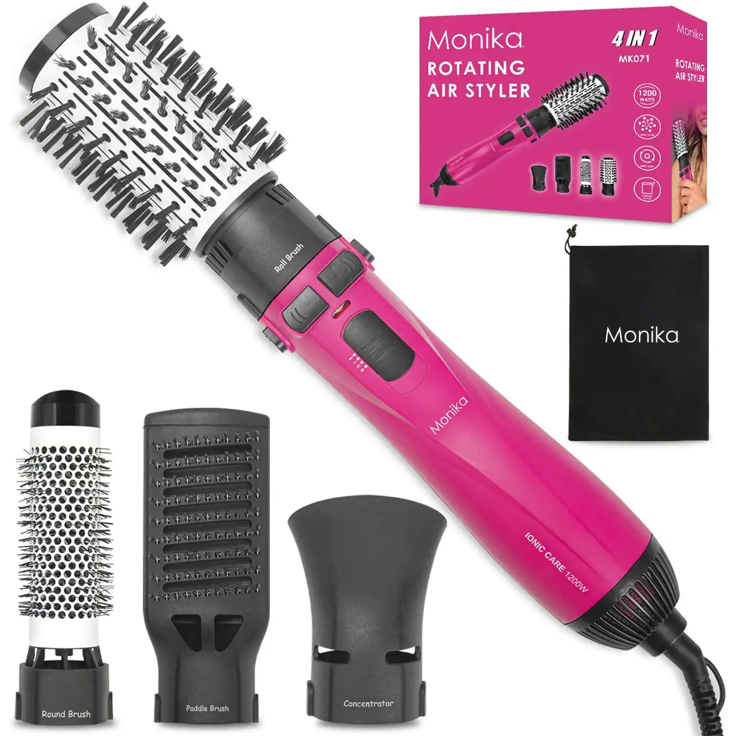 Monika 4 in 1 1200W Hair Styler Auto Curler Hot Air Brush w/ Ionic Care Tech Straightening Curling Blow Drying