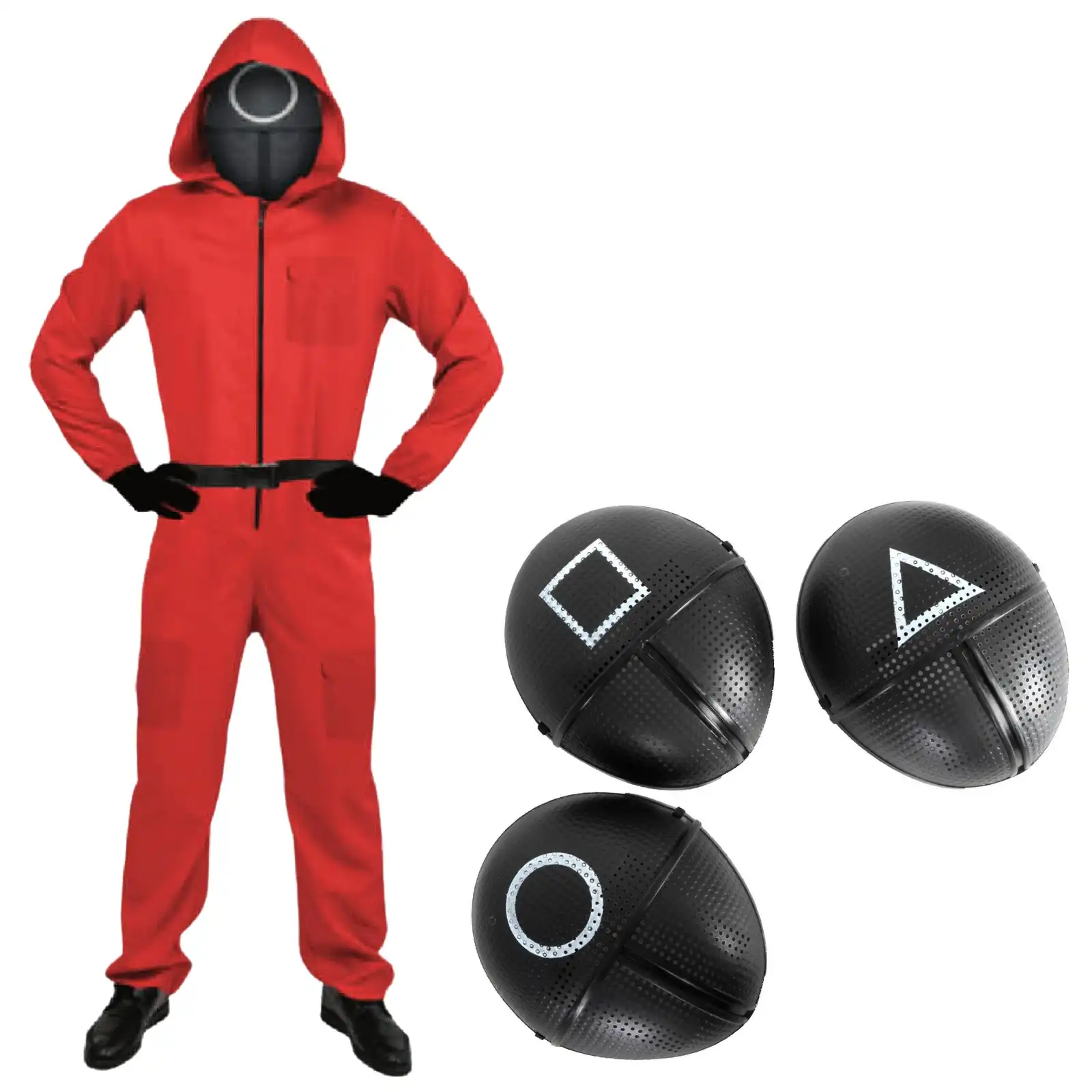 Adult Squid Game Guard Tracksuit Red Full Party Costume Set w/ Mask