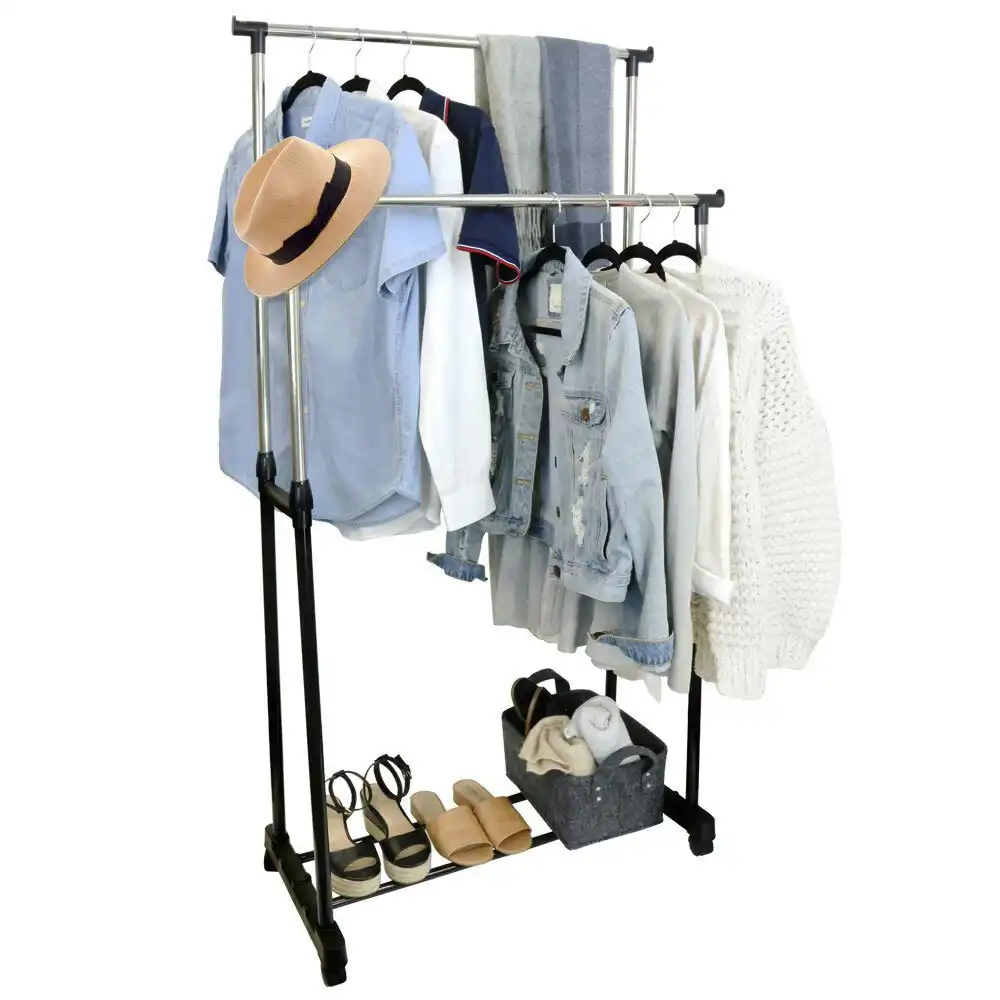 Boxsweden 160cm Double Garment/Clothes Height Adjustable Hanger Rack w/ Wheels