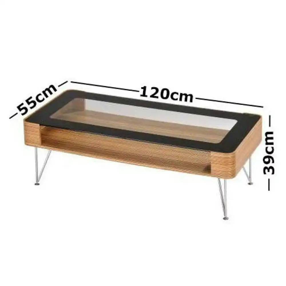 6IXTY Zine Scandinavian Large Rectangular Coffee Table 120cm - Wooden Frame - Glass Top