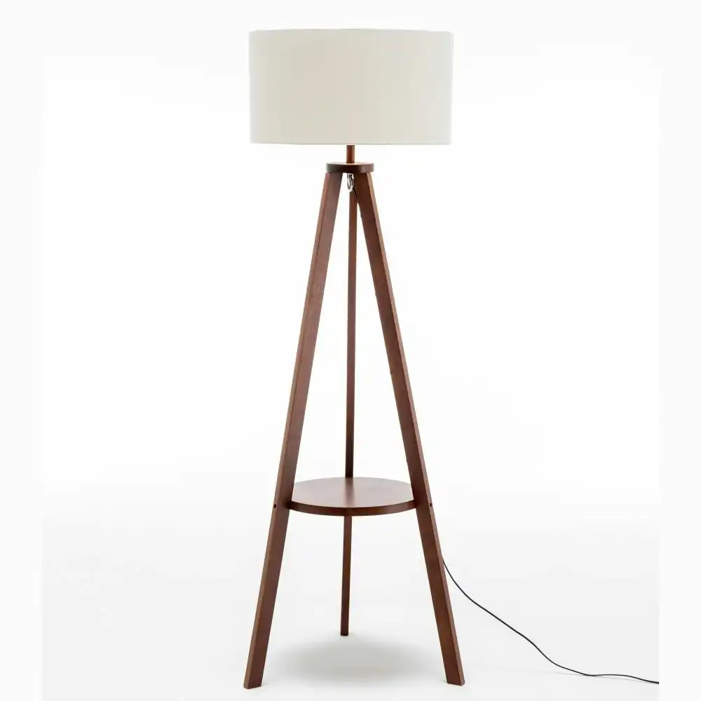 New Oriental Miya Rubberwood Tripod Floor Lamp W/ Round Shelf Linen Shade - Off White/Cherry