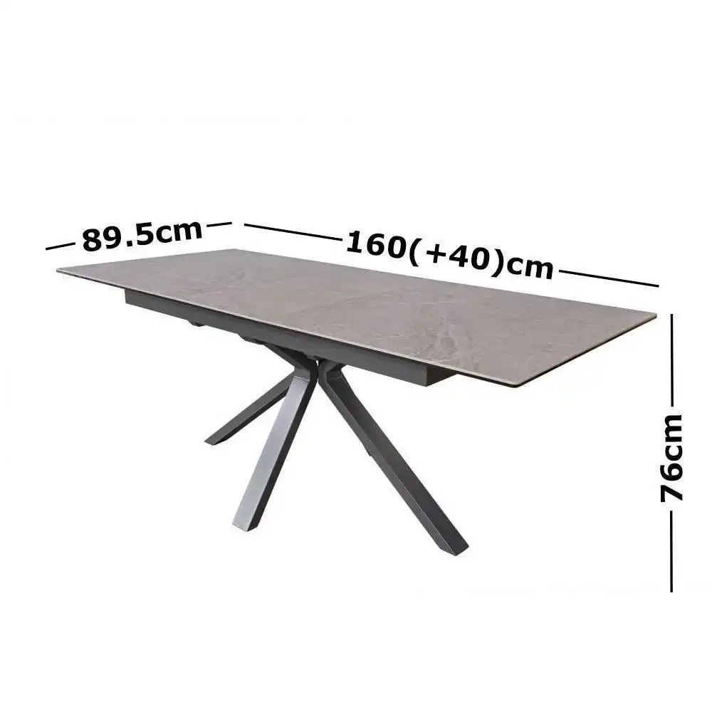 Carmilla Extension Rectangular Dining Table Pietra 160-200cm - Black Metal Frame - Tempered Glass Ceramic Top - Grey