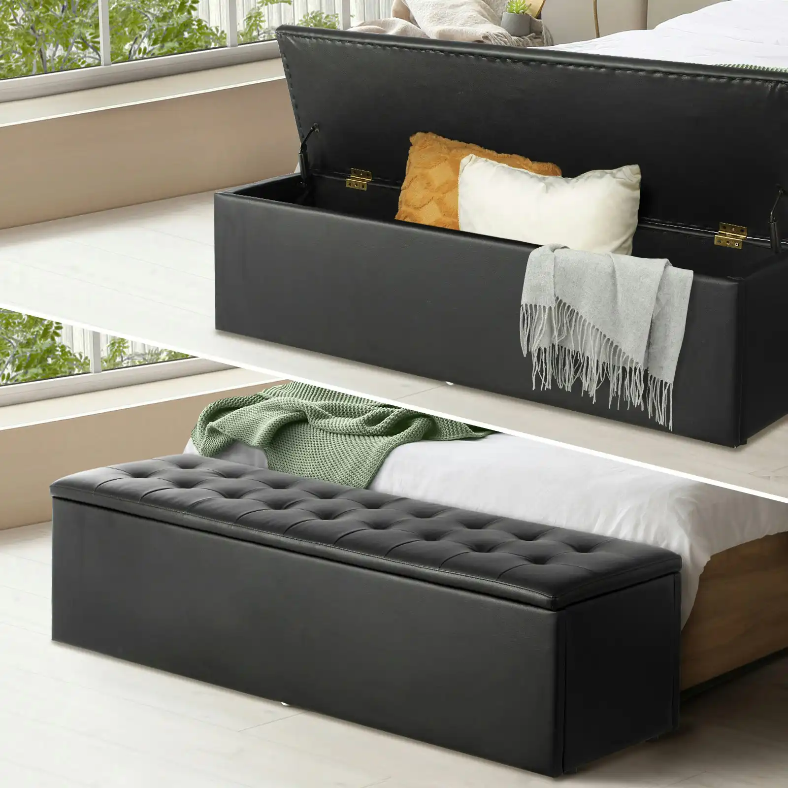 Oikiture Storage Ottoman Blanket Box Foot Stool XL Chest Toy PU Leather Black