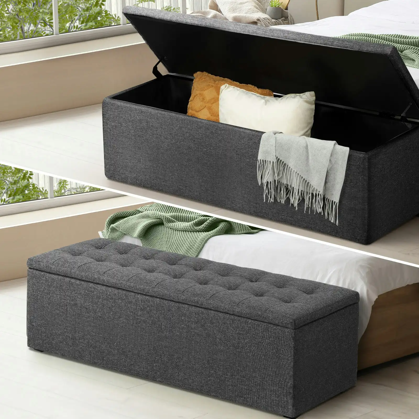 Oikiture Storage Ottoman Blanket Box Foot Stool XL Chest Toy Faux Linen Grey