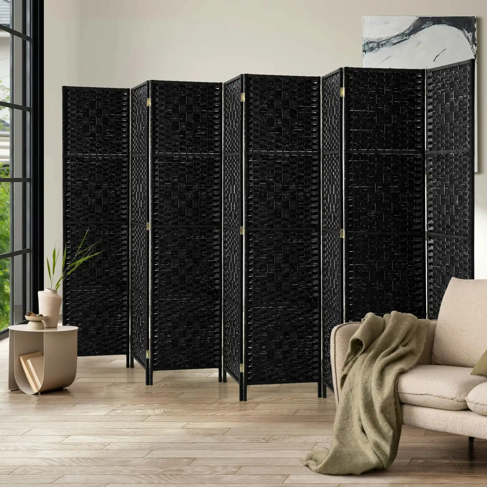 Oikiture 8 Panel Room Divider Screen Privacy Dividers Woven Wood Folding Black