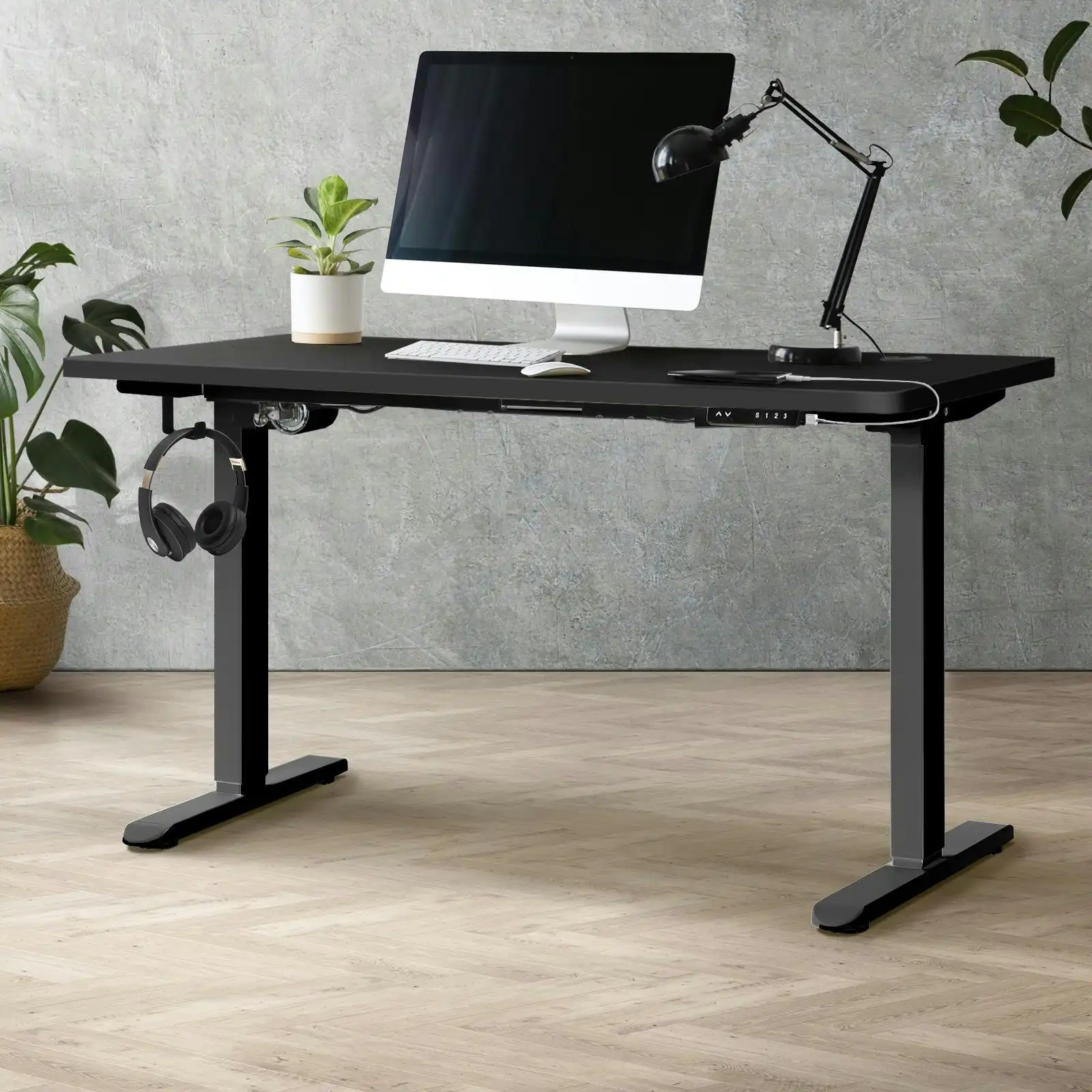 Oikiture 120CM Electric Standing Desk Single Motor Black Frame Black Desktop With USB&Type C Port