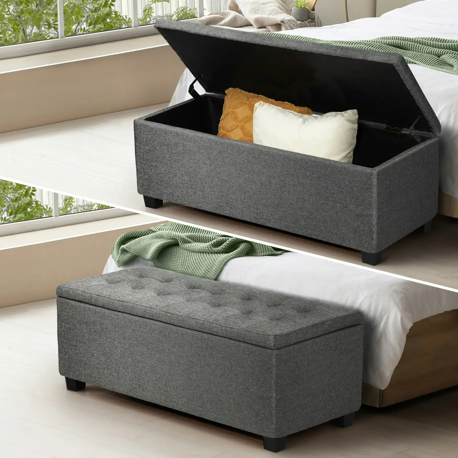 Oikiture Storage Ottoman Blanket Box Faux Linen Chest Toy Foot Stool LARGE Grey