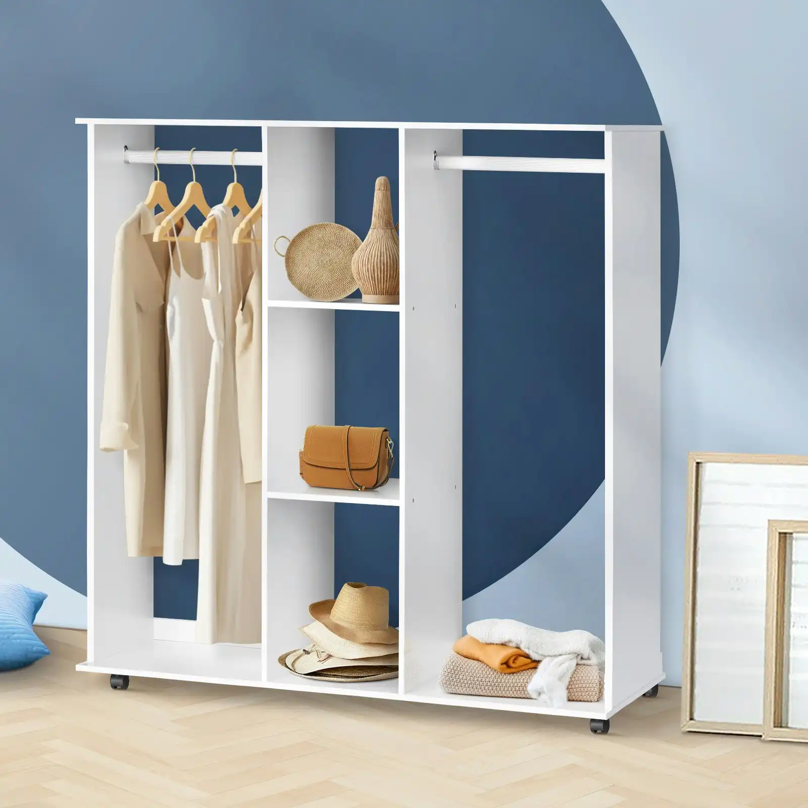 Oikiture Portable Double Wardrobe Storage Shelves Organizer Clothes Rack Hanger