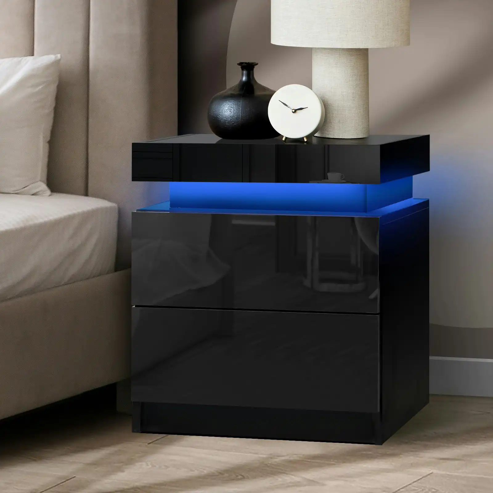 Oikiture Bedside Table RGB LED Nightstand Cabinet 2 Drawers Side Table Furniture Black