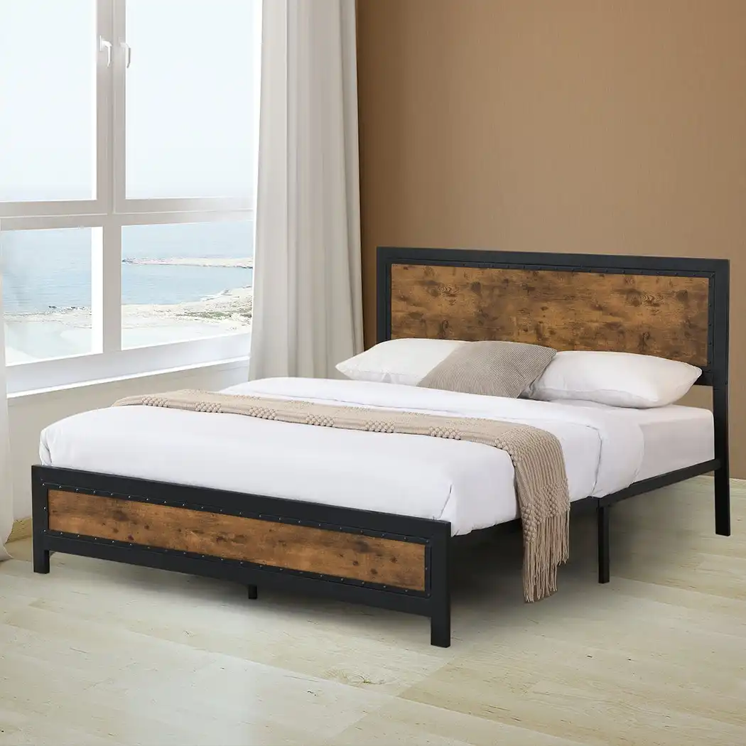 Levede Metal Bed Frame Mattress Base Platform Wooden Rivets Drawers Double