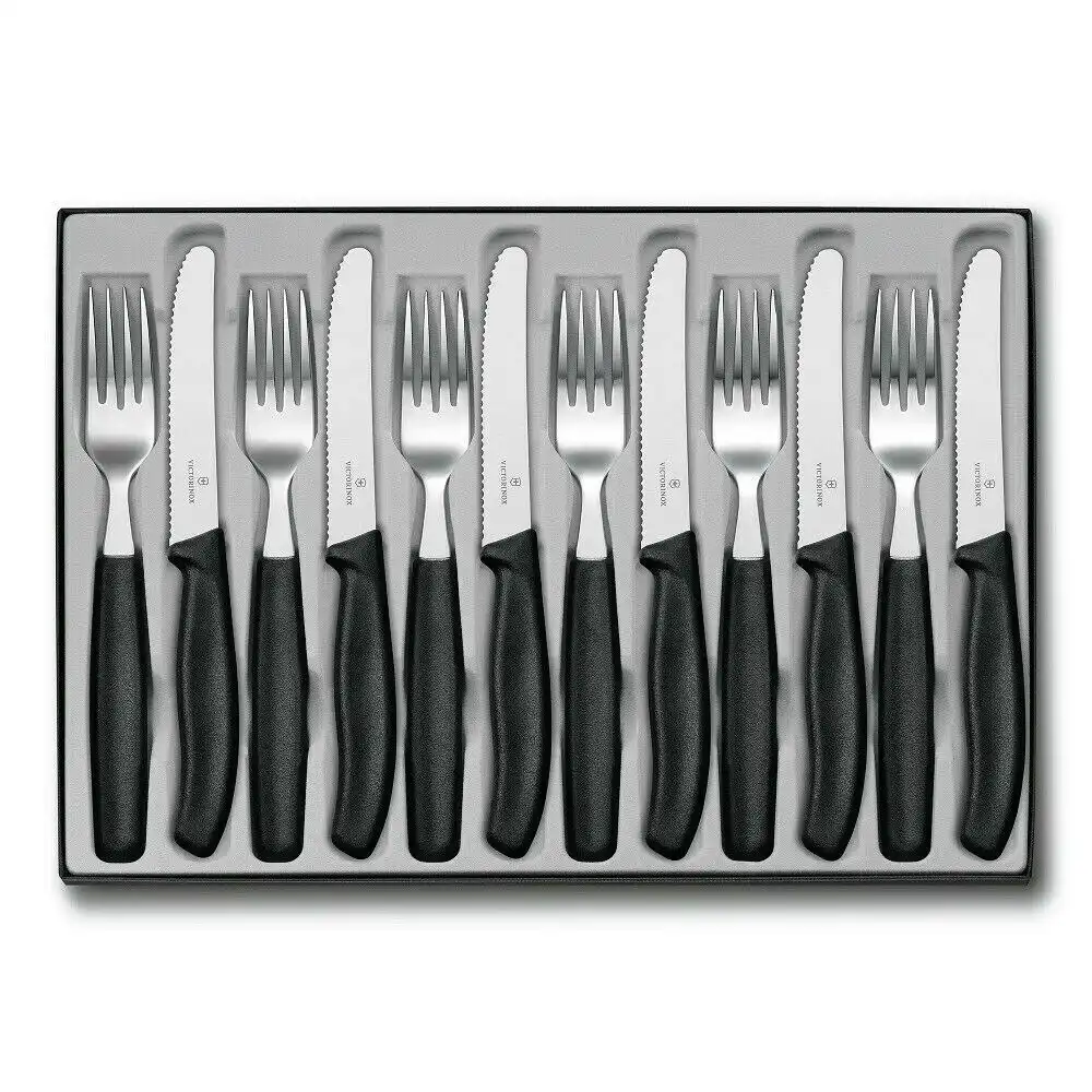 Victorinox 12pc Steak Knife & Fork Cutlery Set of 12 Piece | Black