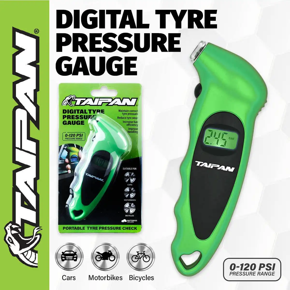 Taipan® Portable Digital Tyre Pressure Gauge Multiple Functions LCD Screen