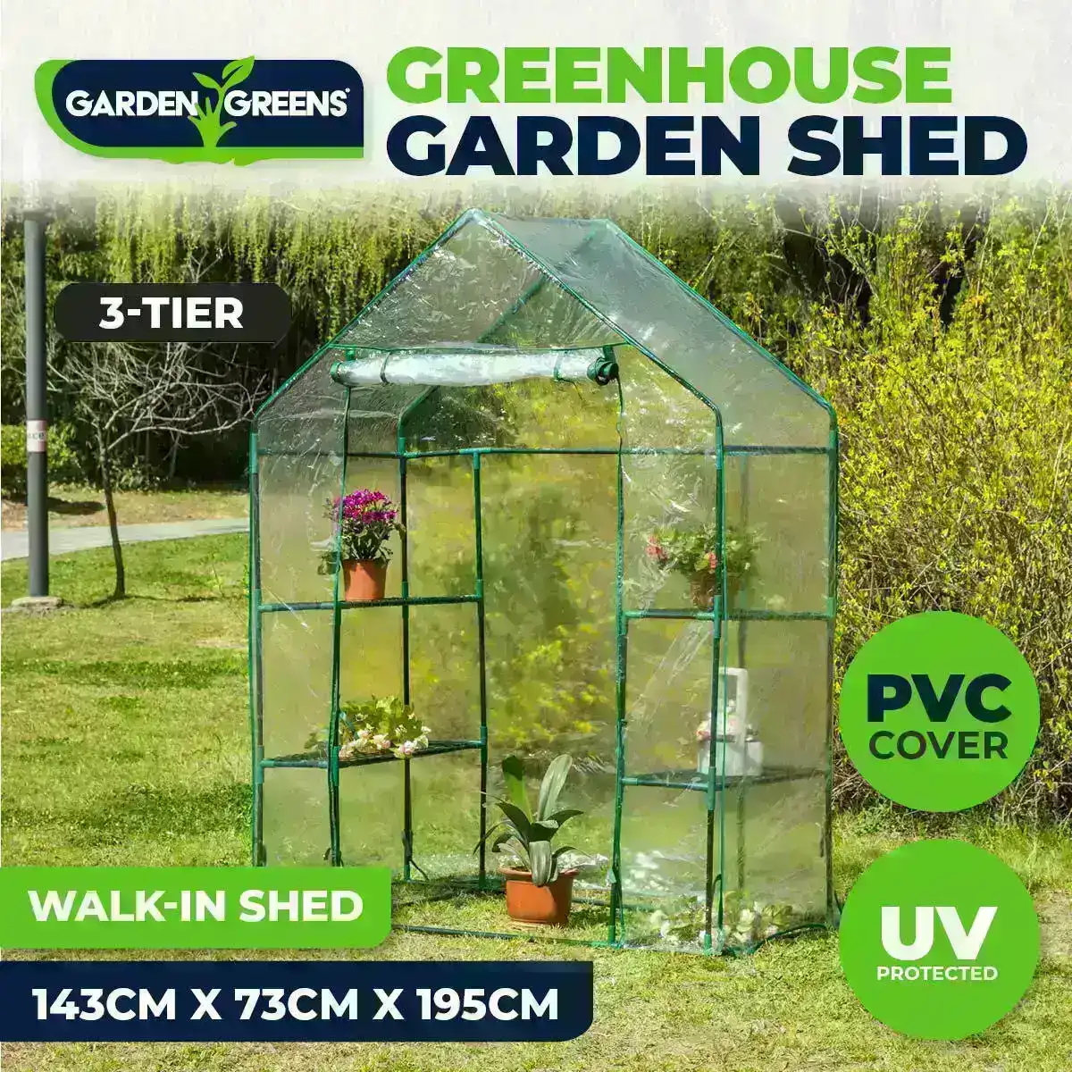 Garden Greens® Greenhouse Walk-In Shed 3 Tier Solid Structure & Quality 1.95m