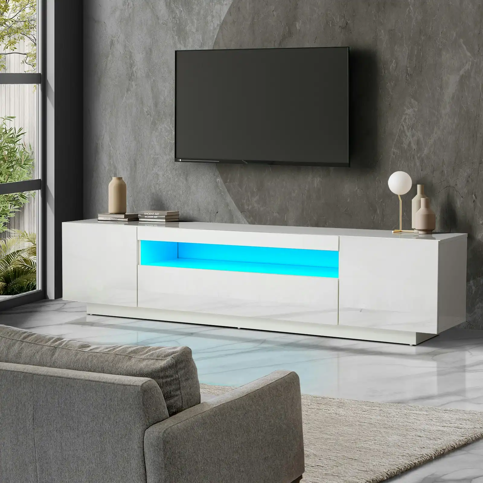 Oikiture TV Cabinet Entertainment Unit Stand Gloss RGB LED Furniture White 180CM
