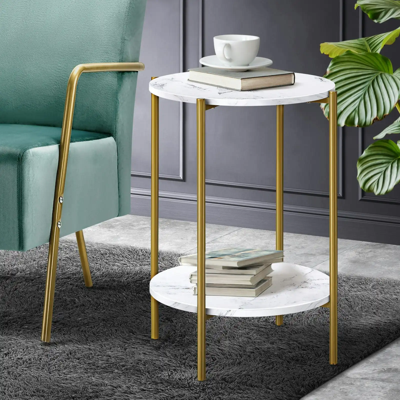 Oikiture Side End Table Coffee Sofa Bedside Nightstand Marble Round Dual-Tier