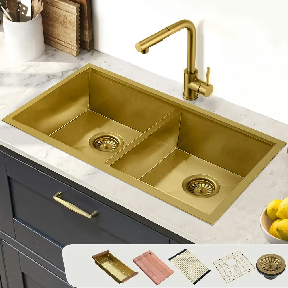 Simplus Stainless Steel Kitchen Workstation Sink 75x45CM Laundry Undermount Double Bowl Set Gold
