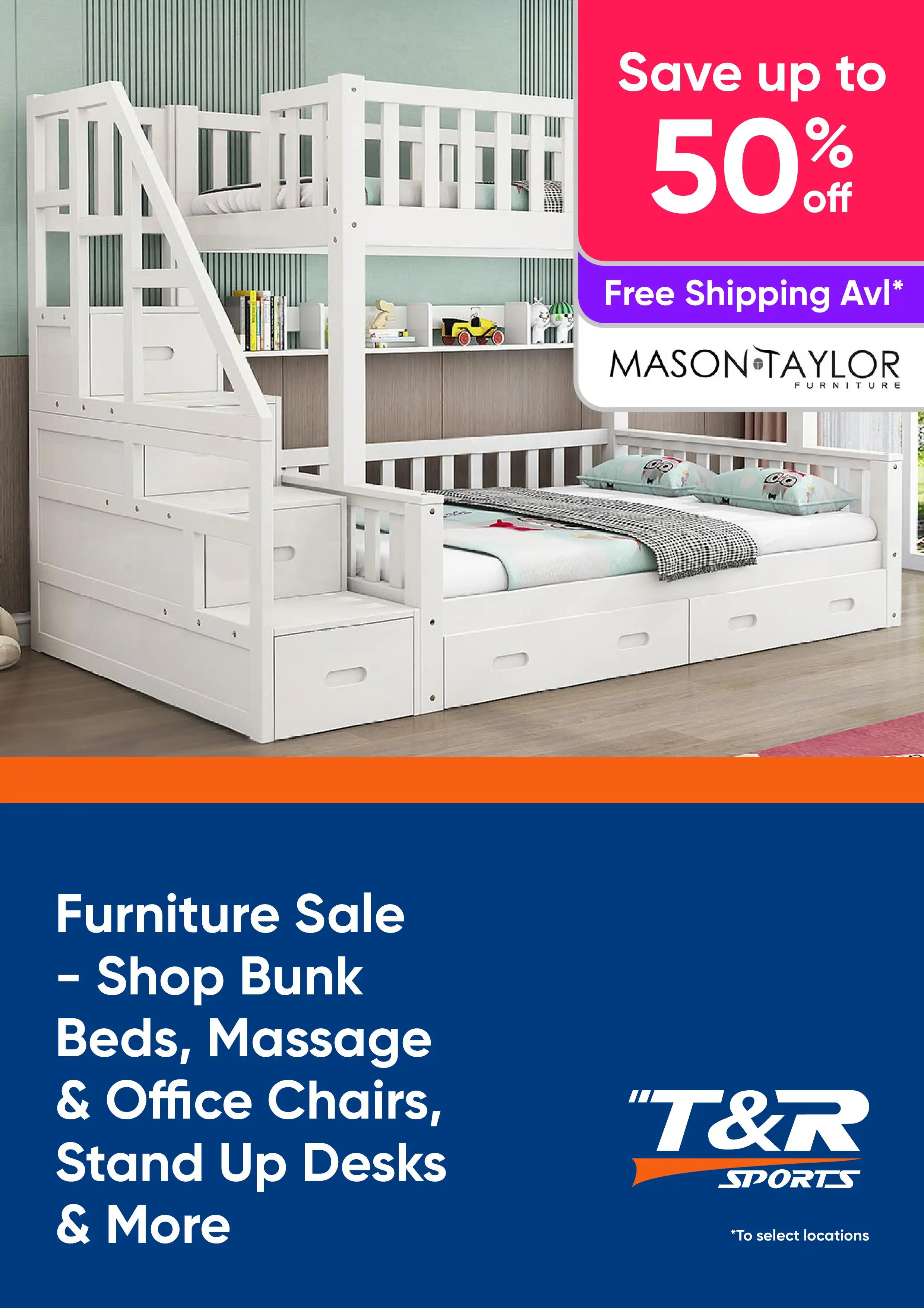 Furniture Sale Up to 50% Off RRP - Shop Bunk Beds, Office Chairs, Stand Up Desks and More